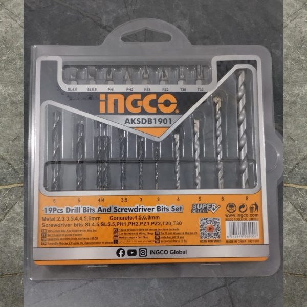 INGCO AKSDB1901 19 Pcs Drill Bits and Screwdriver Bits Set